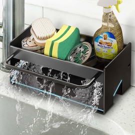 OWill Kitchen Sink Caddy, Kitchen Sink Organiser with Self Draining Tray, Washing up Caddy Sink Tidy Sponge Holder for Kitchen Sink, Black