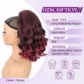 SOMOREATY Extensión De Cola De Caballo, 16" Con Cordón Para Mujeres Negras, Estilo Yaki Liso Con Puntas Rizadas, Extensión De Cabello Sintético, Coletas Para Mujeres (Tbug)