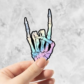 Skeleton Metal Horns Symbol Holographic Sticker for Laptops, Drinkware, Notebooks Death Metal Sticker, Metalcore Sticker, Heavy Metal Sticker, Rock Sign, Devil Horns Hand Symbol