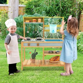 Costzon Wooden Kids Play Kitchen, Outdoor Mud Kitchen with Removable Sink, Water Box & Faucet, Stove Top, Storage Shelves, Fun Backyard Pretend Kitchen Playset for Boys Girls 3+ (Blue)