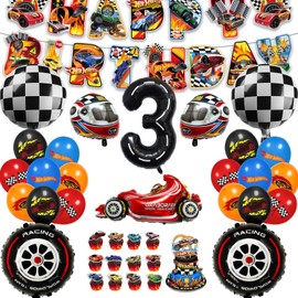 Hot Whels Birthday Decoration 3 Years Boy, 54 Pieces Hot Whels Birthday Party Set, Hot Whel Birthday Geko Racing Car Decoration Birthday Balloons for 3 Years Boy Birthday Party