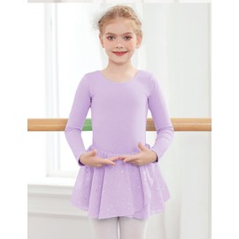 Zaclotre Girls Ballet Leotards Long Sleeve Shiny Skirted Crisscross Back Toddler Leotard Dresses Dance Outfits Lilac