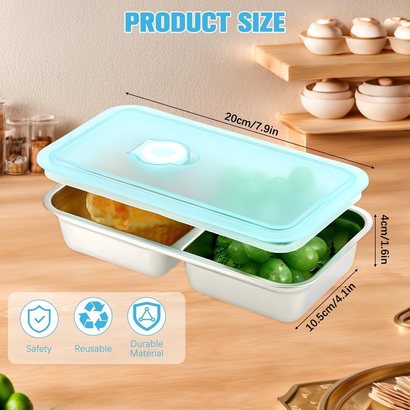 2-Pack Stainless Steel Snack Containers | 2-Compartment Bento Box with