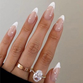 Xenophoer Press on Nails Almond Fake Nails White French Tip Medium Acrylic Nails Press ons Cute Nude whit Pearl Full Cover Glue on Nails for Women Girls 24 Pcs