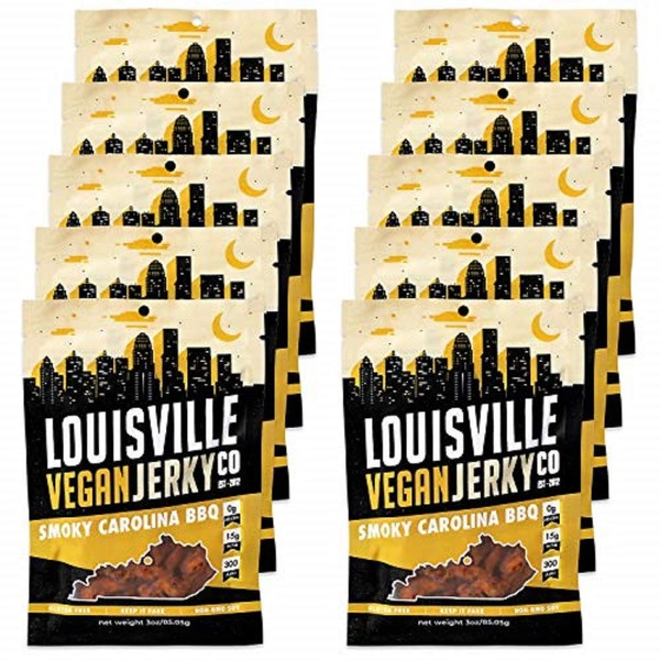 Louisville Vegan Jerky - Smoky Carolina BBQ, Vegetarian & Vegan-Friendly Jerky, 15 Grams of Non-GMO Soy Protein, 300 Calories Per Bag, Gluten-Free Ingredients (3 oz, 10-Pack)