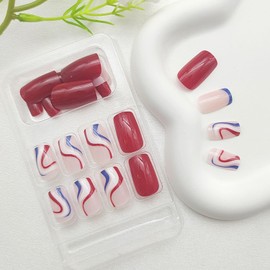 4th of July Square Press on Nails Medium Nails Press ons Red Blue White Swirl Fake Nails Independence Holiday Acrylic Nails Blue French False Nails Glossy Stick on Nails for Women 24Pcs