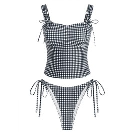ZAFUL Women's Gingham Ruched Bowknot Decor Cinched Back Tankini Set Tummy Control 2 Piece Bikini Swimsuits (1-Black, Small)