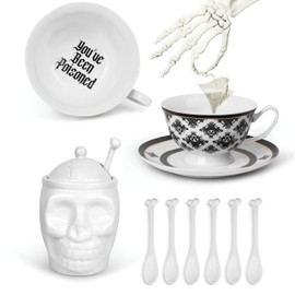 Deluxe Gothic Kitchen Gift Set - Ceramic Sugar Skull Sugar Bowl, 7 Ceramic Bone Spoons, and 1 You've Been Poisoned Tea Cup - Spooky Valentines Day Gifts, Goth Valentines Day Decor