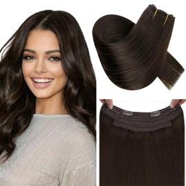 RUNATURE Invisible Wire Hair Extnsions Real Human Hair 16 Inch Brown Hair Extensions One Piece Clip in Secret Wire Hair Extensions Dark Brown Fish Line Extensions Full Head 80g