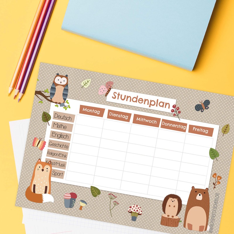 Papierdrachen Timetable DIN A4 Pad – Forest Animals – Writeable