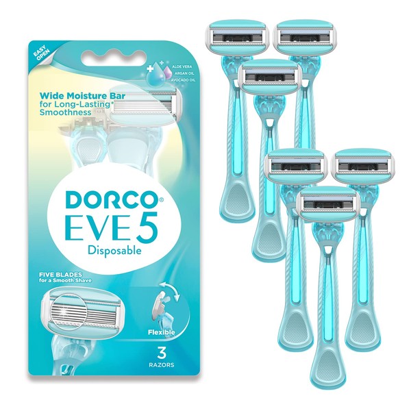 Dorco EVE 5 Disposable Razors for Women for Extra Smooth Shaving (6 Pcs), 5 Curved Blades with Flexible Moisture Bar, Womens Razors for Shaving with Aloe Vera Moisture Bar, Travel Essentials for Women, Portable Razors for Sensitive Skin, easter basket stuffers