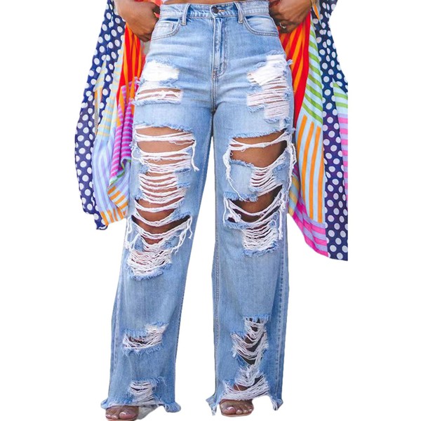Ptorlio Women's Ripped Jeans Y2k Straight Wide Leg High Waisted