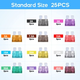 JOREST 25Pcs Standard Car Fuse Kit -Standard Blade Fuses Automotive - Replacement Fuses Assortment Kit for Car/RV/Truck/Motorcycle(2Amp 3A 5A 7.5A 10A 15A 20A 25A 30A 35A 40A)