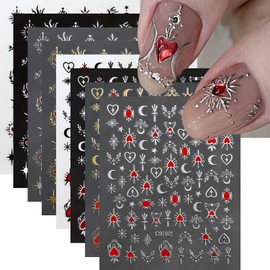Designer Nail Stickers Decal,8pcs Metallic Gold Silver Sun Star Moon Nail Art Stickers 3D Bronzing Laser Red Lover Nail Designs, Red Heart Sparkling Self-Adhesive Slider DIY Manicure Decor for Women