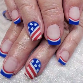 Press on Nails Square Short Independence Day 24Pcs Glossy Full Cover Artificial Patriotic Square French Fake Nails with USA Flag Design Glue on Fingernails Acrylic July 4th False Nails for Women Girls