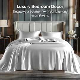 BEDELITE Satin Sheets Full Size Bed Set, Luxury Soft Grey Silky Sheets for Hair and Skin, Similar to Silk Bed Sheets Set 4 Pieces with 1 Deep Pocket Fitted Sheet, 1 Flat Sheet, and 2 Pillowcases
