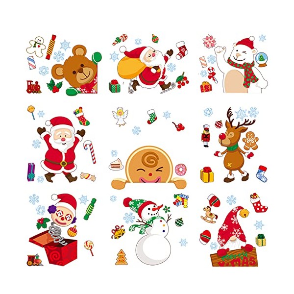 HBell 9 Sheets Christmas Window Stickers,Window Christmas Decorations,Reusable Christmas Stickers Christmas Decals,356pcs Xmas Tree Santa Claus Window Clings for Christmas Home Window Decor