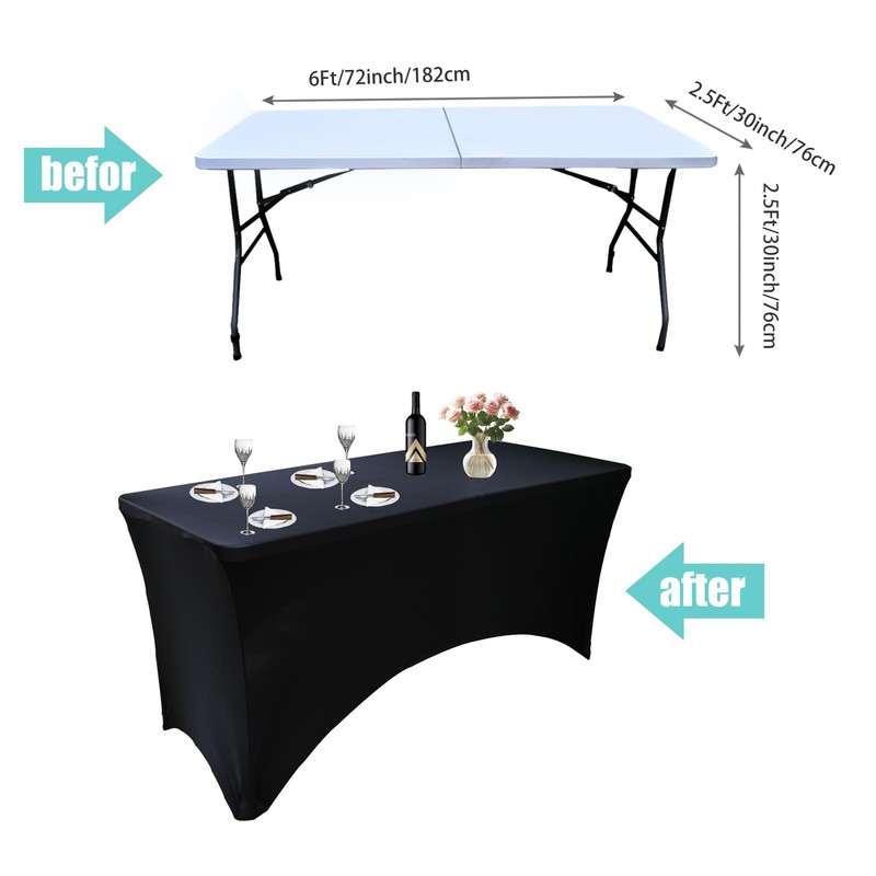 Yoquare 2 Pack Black 6FT Rectangular Spandex Table Cover -