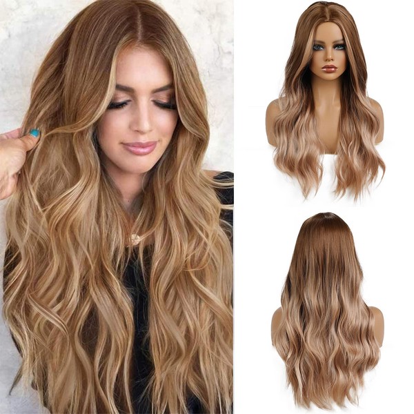 Esmee 24 Inches Long Wavy Wig Brown ombre Blonde Wigs Cosplay Party Wigs for Women Heat Resistant Fibre for Daily Party Use