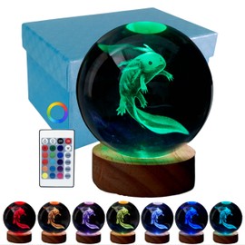 3D Axolotl Crystal Ball Lamp, Upgraded 3.15 Inch Axolotl Crystal Ball Night Light with 16 Colors LED Wooden Base, Remote Control, Gift Box Packaging, Home Decor Gift for Friends (Axolotl D)