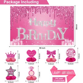 Pink Happy Birthday Party Decorations Set for Girls,Include Backdrop Banner,Balloons,Party Banner,Hanging Swirl,Honeycomb Centerpiece,Sash,Pink Princess Birthday Party Decor for 10th 16th 18th 21st