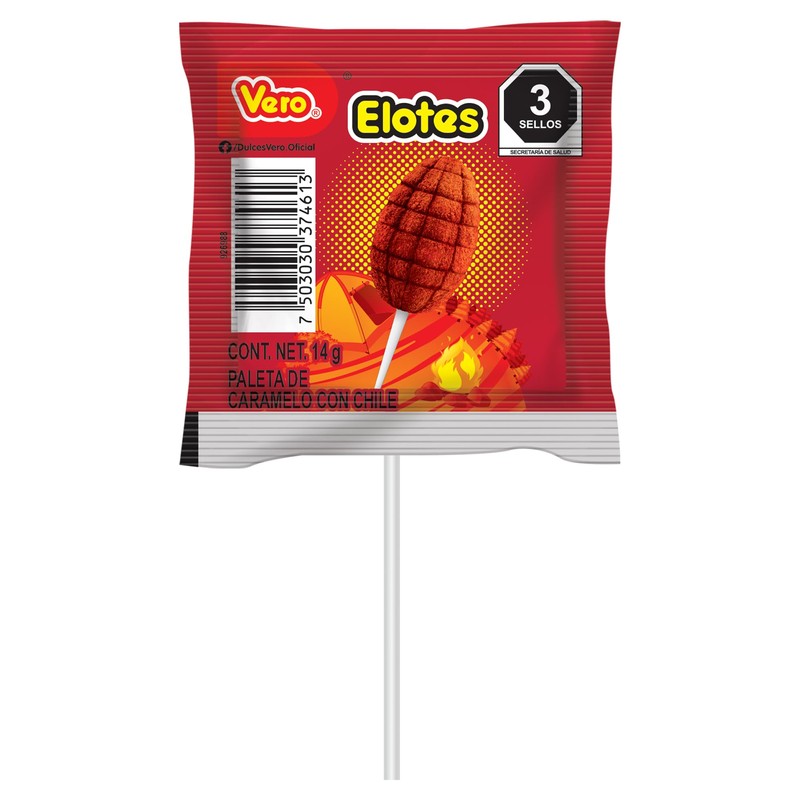Paleta Elotes de caramelo con chile, Bolsa 40pz de 14g