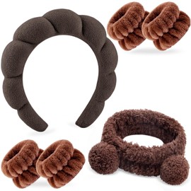 6Pcs Spa Headband for Washing Face Wristband Set Sponge Makeup Skincare Terry Cloth Headband Bubble Soft Bear Ears Hairband Women Puffy Padded Headwear Non Slip Hair Accessory(Dark Brown)