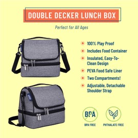 Wildkin Two Compartment Insulated Lunch Bag For Boys and Girls, Ideal Size for Packing Hot or Cold Snacks for School and Travel, Measures, 9 x 8 x 6 Inches, BPA-Free, Grey Tweed