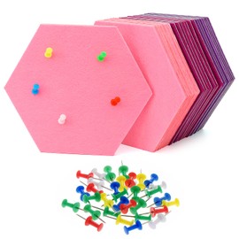 HonGien Pack of 21 Felt Notice Boards, Hexagonal, Memo Board, Cork with 30 Pieces Multicoloured Pushpins, Cork Board for Photo Hanging, Home, Office, Classroom, Pink and Purple