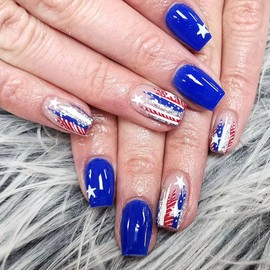 Independence Day Press on Nails Long Coffin False Nails with Stars Irregular Pattern Designs Silver Glitter Glue on Nails Blue Full Cover Glossy Fake Nails Artificial Stick on Nails for Women 24Pcs