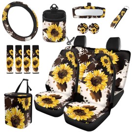 Dreaweet Car Seat Covers Full Set for Women Brown Cow Print and Sunflower Car Accessories - Steering Wheel Cover Seat Belt Pads Car Coasters Trash Bag Air Vent Pouch Rearview Mirror Cover Keychain