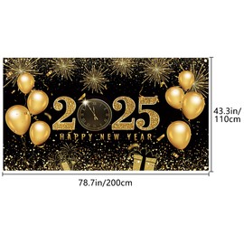 Happy New Year Backdrop Banner 78 x 43 Inch Large Size Happy New Year Banner Black Gold Background Banners New Year Eve Party Decorations Supplies for New Year Party Decorations Celebration