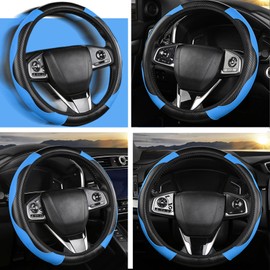 BSITSSS 2 PCS Car Steering Wheel Cover, Microfiber PU Leather Steering Wheel Cover Universal Size Fit 37-38cm/14.5-15inch, Anti-slip Breathable Steering Wheel Protector Cover (Black, Blue)