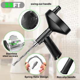 Drain Snake Auger 33 Feet, Plumbing Snake Drain Hair Clog Removal Tool, Heavy Duty Toilet Snake Auger, Sink Unclogger Drain Cleaner Tool for Bathroom Kitchen Tub Shower Drain Clog Remover with Gloves