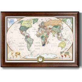 Renditions Gallery Colorful World Map Canvas Wall Art with Walnut Frame Wall Hanging Travel Map with Push Pins for Home, Office, Classroom