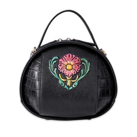 Genuine Leather Vintage Bag for Women - Cowhide Leather Crossbody Purse - Flower Embossed Handbag, Black, Medium
