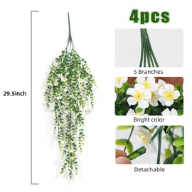 RECUTMS Hanging Flowers Artificial Plants Outdoor 4Pcs Spring Wall Plant Faux Greenery Fake Shrubs for Indoor Ivy Vines Garland Decor for Bedroom Patios Balcony Office (White)