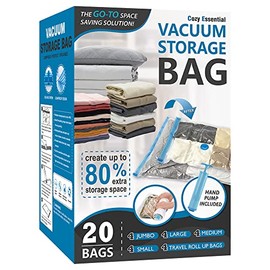 Cozy Essential Vacuum Storage Bags, 80% Compression Vacuum Seal Space Saver Plastic Packaging Bags for Clothes, Blankets, Pillow, Bedding, Comforters, Sealer Clothing Storage,20 Combo