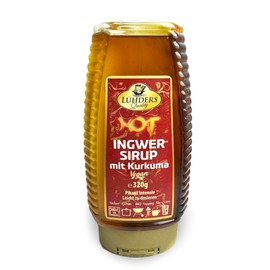 Lühders Quality Hot Ingwer Sirup mit Kurkuma von Lühders Quality 320g – Vegan, intensiver Geschmack, ideal für Tee, Limo, Desserts, Backen, Kochen und BBQ, leicht zu dosieren, perfekt für würzige Getränke und Speisen