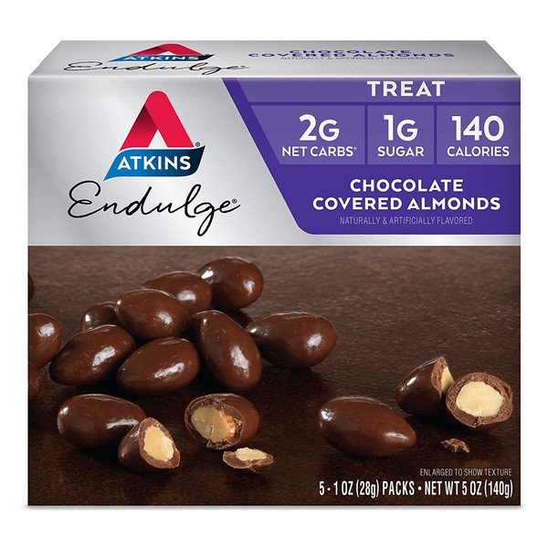 Atkins Endulge Choco Covered Almonds. Rich Choco Taste in a Low Net Carb, Low Calorie Snack. 1 ounce per Pack (5 Packs)