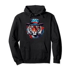 Tiger Wearing American Flag Hat Patriotic Tiger Boys Men Pullover Hoodie