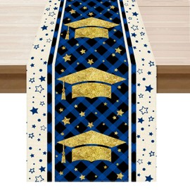 XCHI Congrats Grad Plaid Graduation Cap Stars Table Runner Decoration for Home Kitchen Dining Dinner Indoor Party Farmhouse Decor 13x36 Inch