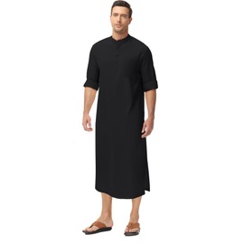 LVCBL Kaftan Men's Islamic Caftan for Men Long Sleeve Muslim Henley Robe Men Black 3XL