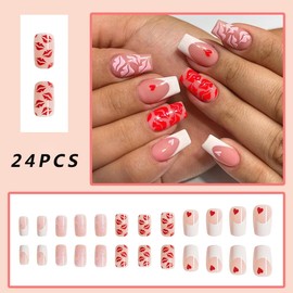 Valentine's Day Heart Press on Nails Long Square Fake Nails, French Tip False Nails Red Heart Nude Pink Glossy Acrylic Stick on Nails Full Cover Glue on Nails for Women Girls Daily Wear Decoration