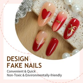 30Pcs Red Press on Nails Medium Almond-Shaped Fake Nails Bow Gold Line Design French Nail Tips Shiny Stars False Nails Cute Stick on Nails Heart Nail Handmade Full Cover Artificial Nail for Women