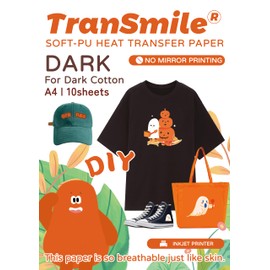 TRANSMILE PU-Dark Transfer Paper Printable Heat Transfer Vinyl Black Cotton Fabric 1.0 A4 10 Sheets Iron on Transfers for Inkjet Printer, Bright and Washable (TS-H-D1.0-10)
