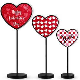 3 Pcs Valentines Day Heart Wooden Sign on Stand Valentines Day Wood Table Decor Heart Shaped Wood Decor Freestanding Heart Decorations Heart Tabletop Centerpiece for Wedding Home Party Favor Supplies