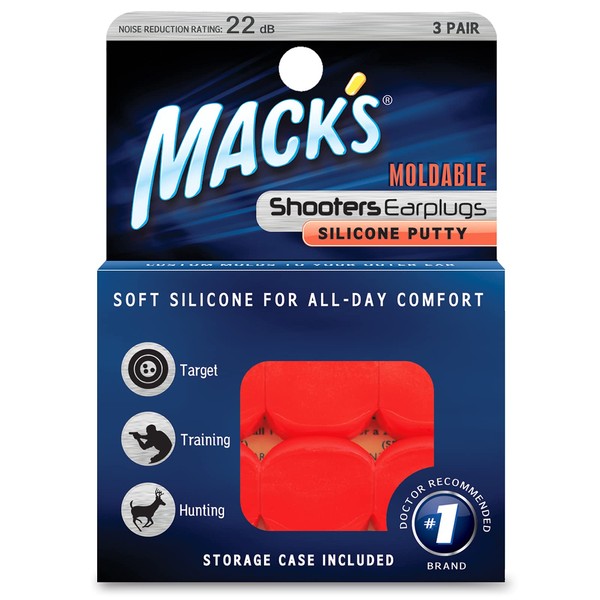 Mack's Shooters Moldable Silicone Putty Ear Plugs, Orange, 3 Pair