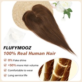 Flufymooz 100% Real Human Hair Toppers, 12 Inch Human Hair Toppers for Thinning Hair Large Hand-woven Area 360° Coverage Natural Hairpiece Wiglet for Women Daily 5"x3" Silk Base (Medium Brown)