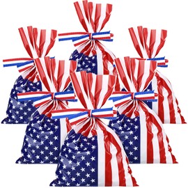 100 Pcs 4th of July Cellophane Treat Bags Patriotic Candy Bags Memorial Day Independence Day Red White Blue Star Loot Bags with 22 Yards Ribbon 4th of July Party Favor Decor, 6 x 9 Inch